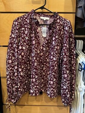 LOFT Burgundy Floral V-Neck Peasant Blouse medium